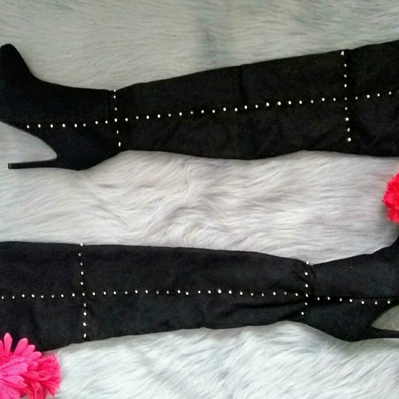 Shoes - "Kaylee" Black Suede Copper DetaiI Thigh High Boot